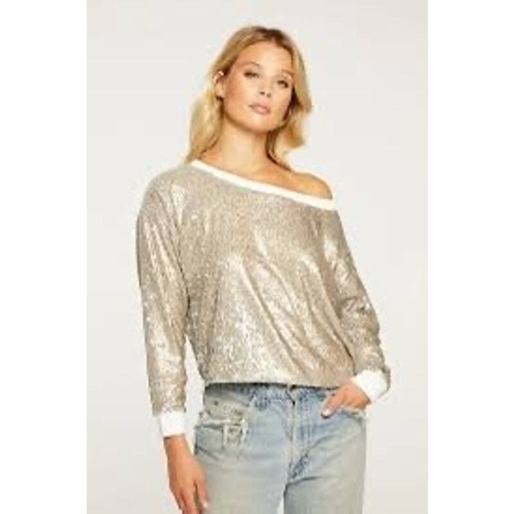 New Chaser Silver Sequin Cropped‎ Terry 3/4 Sleeve Off Shoulder Top Women's S